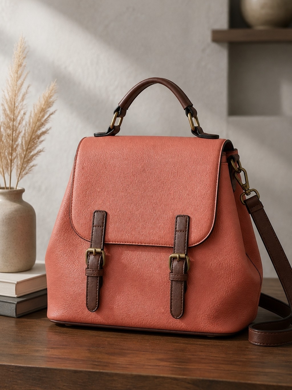 Jen & Co Convertible Top-Handle Satchel in Coral with Brown Trim - Picture 1 of 7